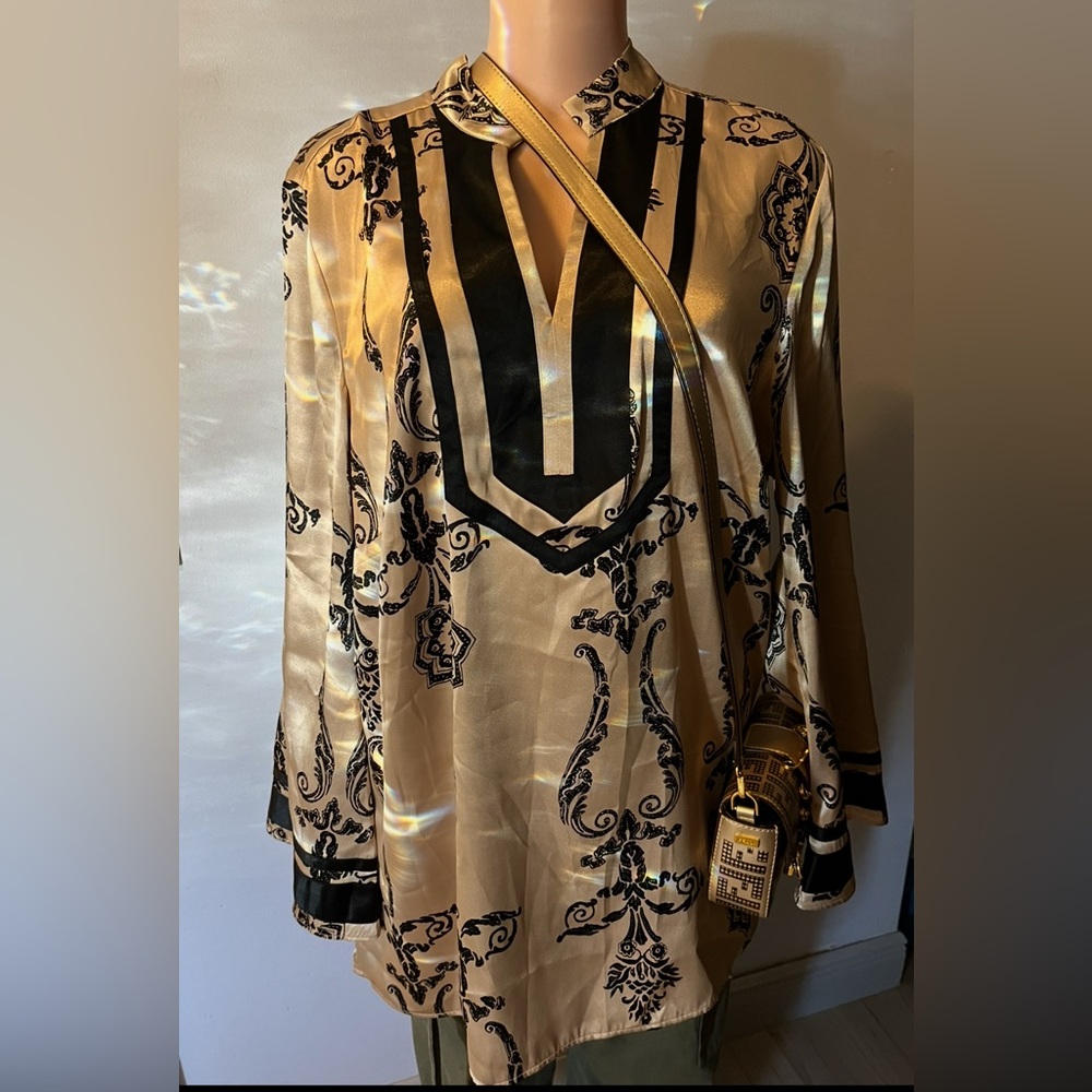 Lane Bryant Black and Golden Cream Patterned Top